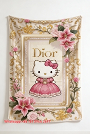 Dior Hello Kitty Princess Pink Floral Flannel Sofa Throw Blanket D250